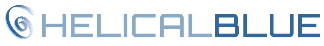 Helical blue logo, with blue spiral in front of text